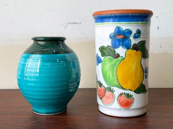 Two Lovely Pottery Pieces Including Hand Thrown Vase And Hand Painted Wine Chiller