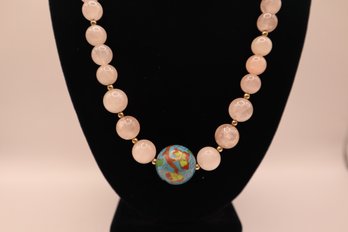Rose Quartz Beads With Cloisonne Center Bead Necklace