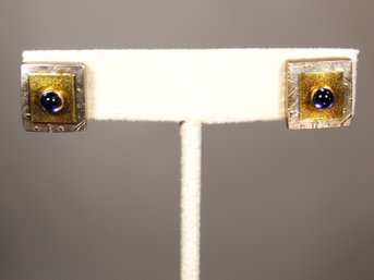 Pair Artisan Sterling Silver, Gold And Sapphire Pierced Earrings