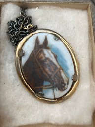 Antique Porcelain Enamel Horse Pendant Necklace