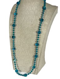 Fine Aqua Blue Colored Aurora Borealis Crystal Beaded Necklace 28' Long