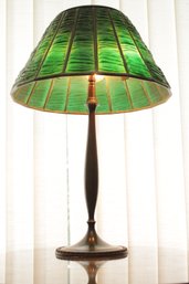 Tiffany Studio New York #620 Bronze Base Table Lamp With Favrile Fabric Linen Fold 12 Panel Shade