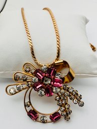 GORGEOUS VINTAGE SIGNED STAR-ART 12K GOLD-FILLED PINK & WHITE RHINESTONE NECKLACE OR BROOCH