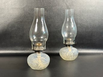 A Pair Of Matching Vintage Oil Lamps In Clear Pressed Glass