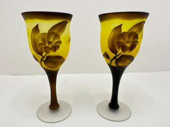 2 Japanese Frosted Glass Wine Glasses With Raised Flowers, Purchased In Japan