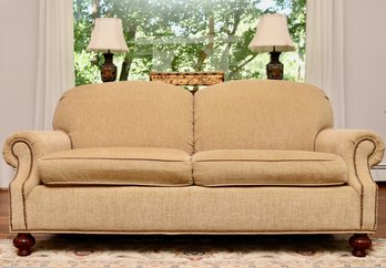 2 0f 2 Taylor King Taupe  Chenille Oversized Rounded Tightback Rolled Arm Loveseat