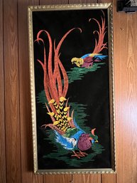 Vintage Painting Of Pheasants On Black Velvet