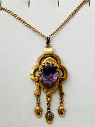 VINTAGE ART NOUVEAU GOLD-FILLED AMETHYST GLASS DANGLE NECKLACE