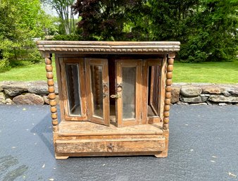 Antique Carved Wood Cabinet With Glass Doors & Single Drawer