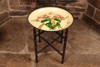 Hand-painted Tole Table Tray With Foldable Faux Bamboo Black Wood Base