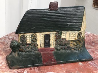 Wonderful Antique Cottage Cast Iron Doorstop - Circa 1900-1920 Made By Albany Foundry - Nice Vintage Paint