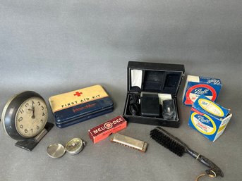 Vintage Items: Clock, First Aid Kit, Compass & More