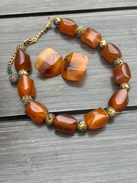 Beautiful Chunky Amber Beaded Vintage Bracelet And Matching Clip On Earrings With Gold Tone Findings