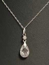 SIGNED JCM DQ 14K WHITE GOLD CZ DROP NECKLACE