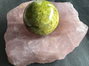 Rose Quartz Bowl With African Opel Sphere , Sphere 1 LB 2 Oz, Crystal Bowl, 5 LB 6 Oz