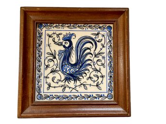 Blue & White Framed Rooster Tile, Hand Painted In Portugal 6x6