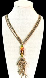 Vintage Long Green And Copper Color Beaded Multi Stranded Necklace