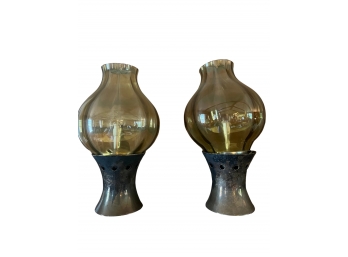 Pair Of Glass And Brass Lanterns/candleholders