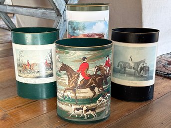 A Group Of Four Vintage Metal Equestrian Themed Waste Baskets