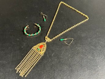 A Pair Of Vintage Malachite Drop Earrings & Compatible Costume Necklace