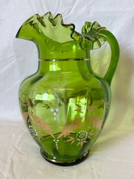 Antique Victorian Era Green Glass Pitcher- Applied Reeded Handle, Ruffled Rim, Gilt Decoration, Pontiled