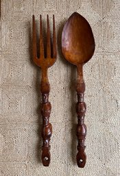 Vintage  Large Scale Hand Carved Spoon And Fork  Wall Decor - 25'Long