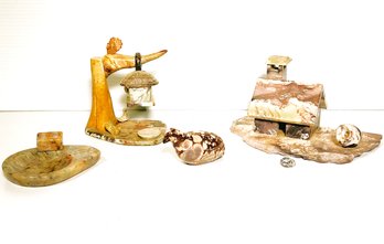 Chilean Soapstone Sculptures - Tree With Birdhouse, Duck, House And Ashtray