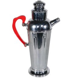 Art Deco Chrome Cocktail Shaker With Red Translucent Handle
