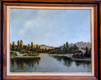 Painting Of Houses Overlooking Lake Signed Lebedeff