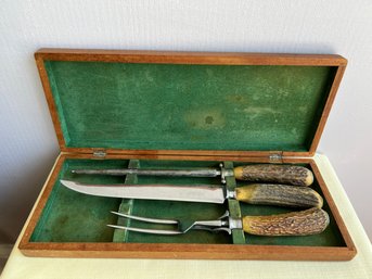 Stag Antler Handled Carving Set In Wooden Case