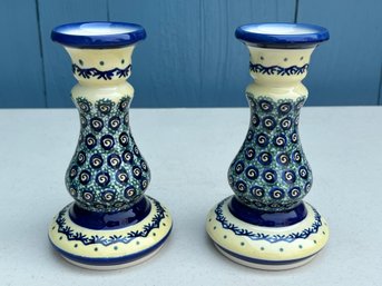 Pair Of Handmade Polish Pottery Candlesticks Hand Initialed