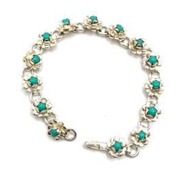 Beautiful Vintage Mexican Sterling Silver Turquoise Color Flowers Linked Bracelet