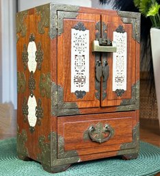 A Gorgeous Antique Chinese Campaign Style Jewelry Chest With Inset Carved Bone Panels