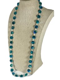 Fine Aqua Blue Aurora Borealis Crystal Beaded Necklace Having White Spacers 28' Long