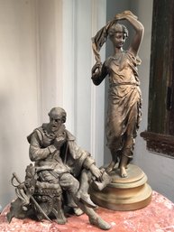 Two Antique White Metal Figures - Clock Topper Macbeth / Hamlet And Statue In The Manner Of Ernest Rancoulet