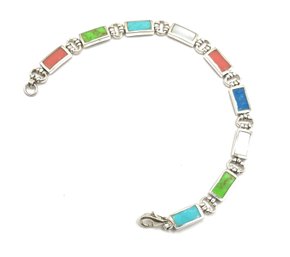 Beautiful Vintage Sterling Silver Multi Color Inlay Linked Bracelet