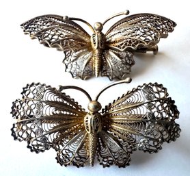 2 Vintage 800 Sterling Silver Filigree Butterly Pins Brooches With Gold Finish