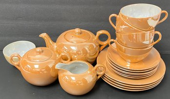 Vtg Tea Set Peach Lusterware - Hand Painted Japan - Gifu Prefecture - Pot, Sugar, Creamer, Plate, Cup, Saucer