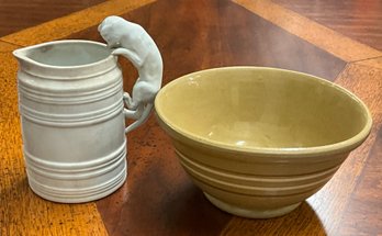 Antique Cat Creamer And Banded Yellow Ware Bowl