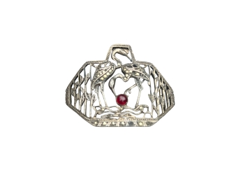 Large Art Deco Crane Design Sterling Silver Pendant With Ruby Accent