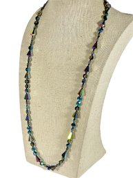 Strong Iridescence Blue Aurora Borealis Crystal Beaded Necklace 26' Long