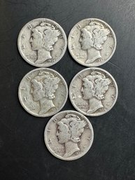 5 Mercury Dimes 1934, 1936, 1937, 1938, 1939