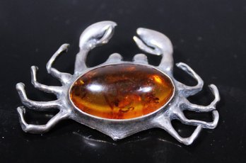 Sterling Silver Vintage Brooch Of A Crab Having Large Amber Belly Stone