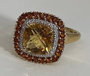 Stunning 14k Double Halo Diamond Citrine Ring Size 10 3/4