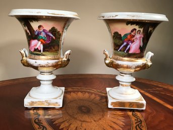 Incredible Pair Of Antique Hand Painted Campana Style French Urns With Courting Couples - Very Well Done !