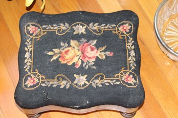 -Footstool With Needlepoint Cover In Black With Flowers, 12.5 X 11