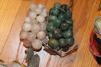 -2 Polished Stone Clusters Of Grapes In Pink And Green With Silver Metal Leaves, 5 Long