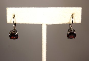 Sterling Silver Pierced Earrings Round Red Stones Drop Pierced Earrings