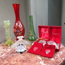 Fantastic Six (6) Piece Art Glass And Crystal Lot - Waterford Ornaments - Art Glass Vases - Perfume Bottle