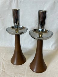 Vintage Danish Mid Century Modern Chrome And Wood Candle Holders